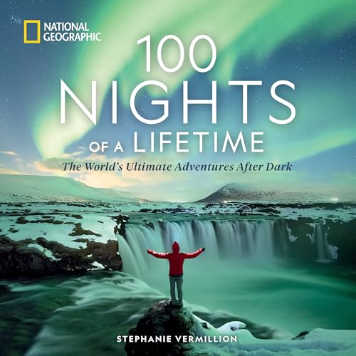 Book cover with a person overlooking a waterfall under the Northern Lights.
