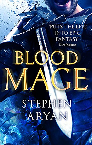 Book cover: armored man with sword, title “Bloodmage” in gold lettering.