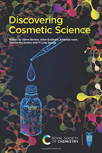 Book cover titled Discovering Cosmetic Science with a wireframe bottle and colorful molecular structures.
