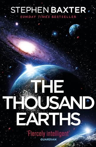 Book cover with planets, galaxies, and large white text: "The Thousand Earths".