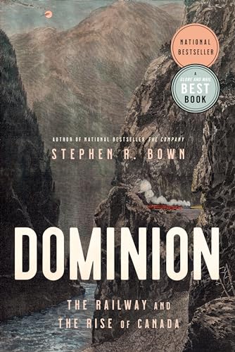 Book cover: “Dominion” depicts mountains, a train, and text awards.