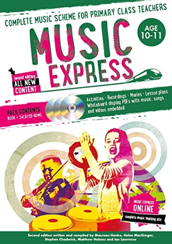 Music Express" book cover for ages 10-11, featuring musical instruments and people.