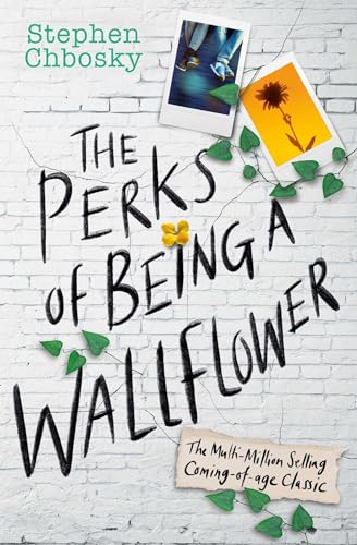 Book cover for "The Perks of Being a Wallflower" with photos & leaves.