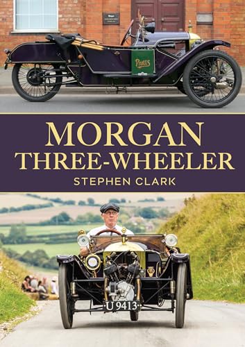 Vintage purple Morgan Three-Wheeler motorcycle-car parked outside a brick building.