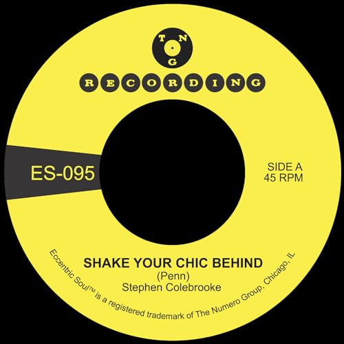 Yellow vinyl record label for Stephen Colebrooke's Shake Your Chic Behind by TNG Recording.