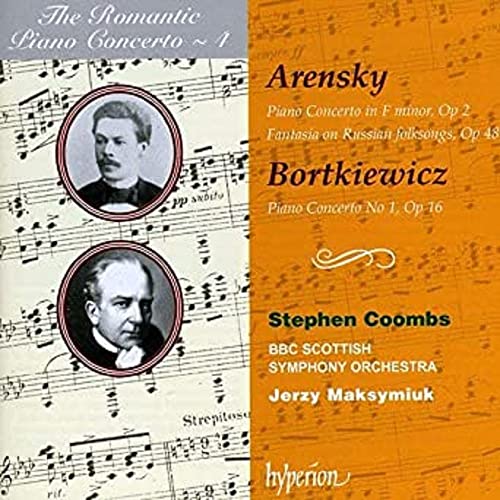 CD cover featuring composers' portraits, musical notes, and text about Arensky and Bortkiewicz concertos.