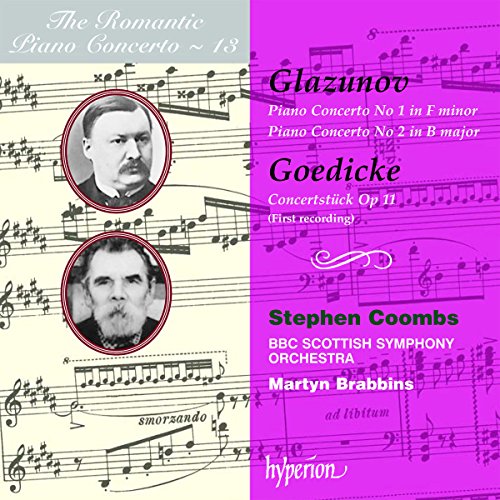 CD cover featuring portraits and sheet music for Glazunov & Goedicke concertos.