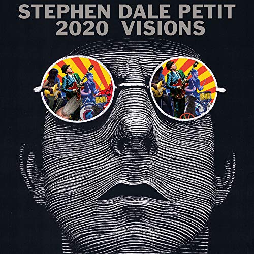 "Album cover with a face wearing sunglasses, reflecting musicians playing instruments."