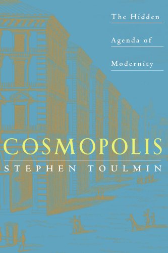 Book cover for "Cosmopolis" by Stephen Toulmin, featuring abstract gold buildings.