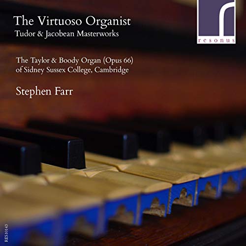 CD cover for Stephen Farr’s “The Virtuoso Organist” featuring organ keys.