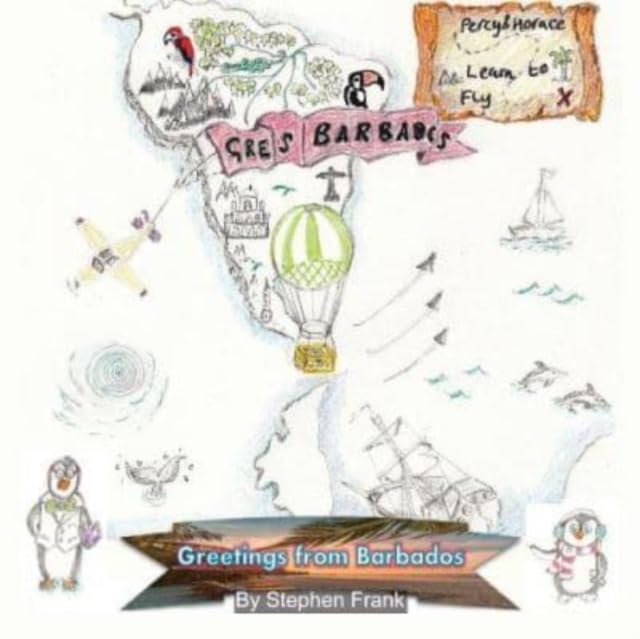 Illustrated map of Barbados with penguins, a parrot, and flying objects.
