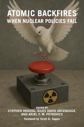 Book cover: white dove above a red button with a radiation symbol.