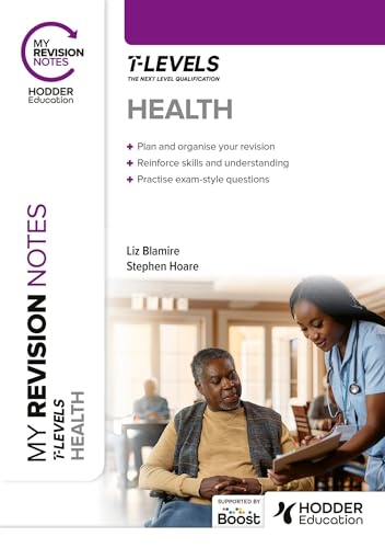 Purple and white revision notes cover for Health T Level, with healthcare workers.