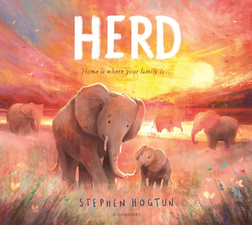 Book cover: elephants in a pink, orange, and yellow landscape.