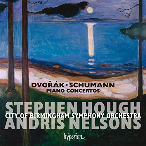 Cover art for "Dvorak & Schumann: Piano Concertos" with a scenic painting background.
