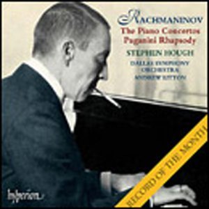CD cover featuring Rachmaninoff at the piano with text listing performers and concertos.