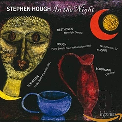 Abstract art cover with a face, moon, and colorful shapes; "Stephen Hough - In The Night."