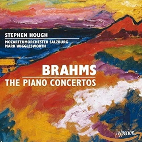 CD cover for Brahms’ piano concertos featuring abstract red and purple paint.