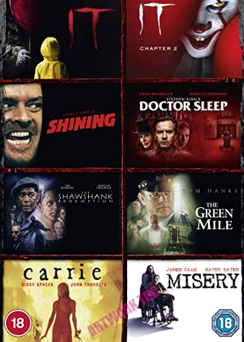 DVD cover featuring posters for eight Stephen King films arranged in a grid.
