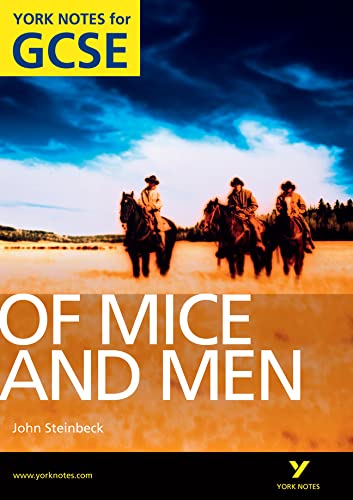 Book cover for Of Mice and Men showing three people riding horses in a field.