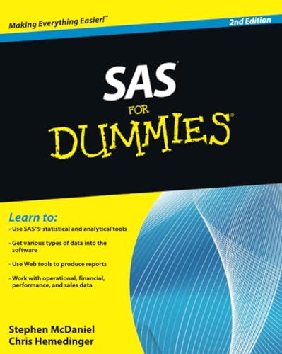 Black book cover with yellow "SAS For Dummies" title and blue swirl.
