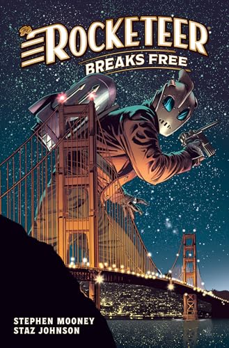 The Rocketeer flies with jetpack over the Golden Gate Bridge.