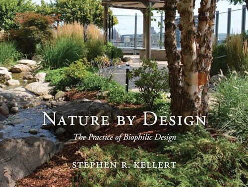 Book cover showing a landscaped garden with a stream, birch tree, and city background.