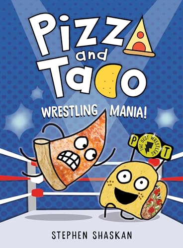 A cartoon pizza slice and taco wrestling in a ring on a blue background.