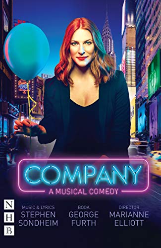 “Company” musical cover: woman with balloon, New York City backdrop, neon title.