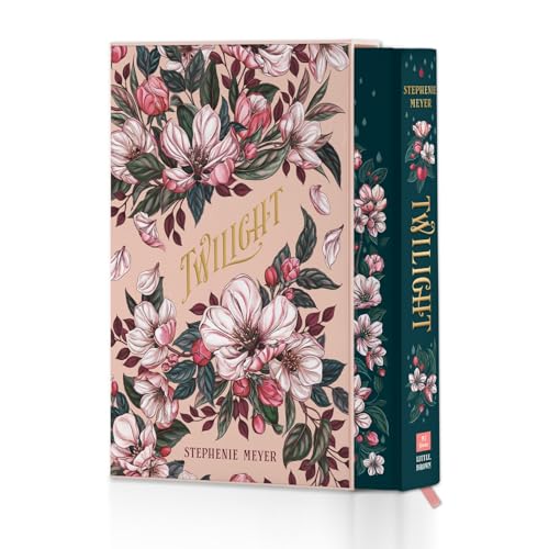 Floral hardcover book, “Twilight” by Stephenie Meyer, with dark teal spine.