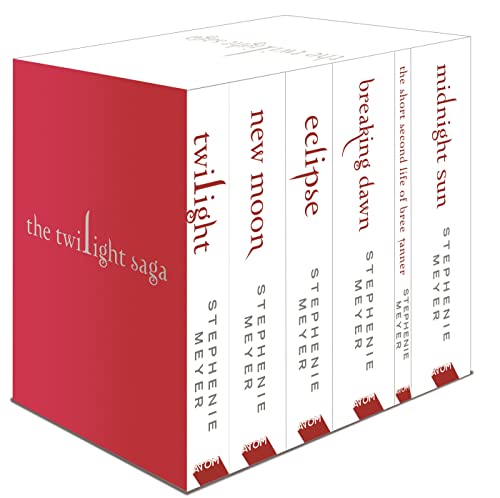 Six red-spined Twilight Saga books stacked as a rectangular block.
