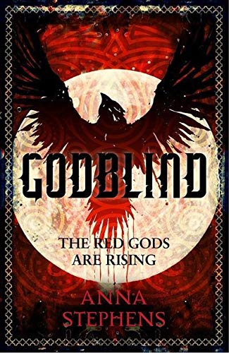 Book cover: “Godblind” with a dark, winged creature and red accents.