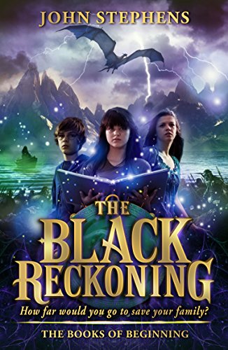Book cover: three young people with a glowing book, dragon, mountains.