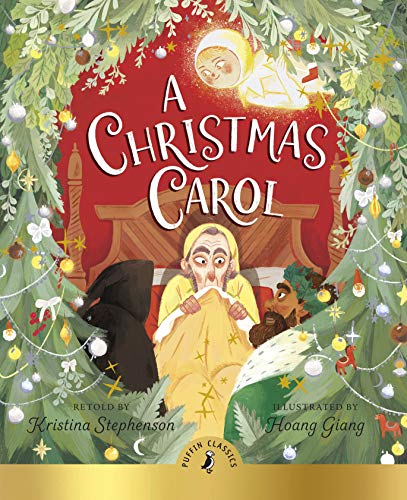 Book cover for "A Christmas Carol" with illustrated scenes and festive greenery.