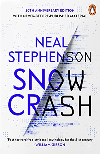 Book cover for "Snow Crash" by Neal Stephenson, blue and white design.
