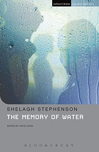 Book cover for The Memory of Water featuring silhouettes behind a rain-streaked window.