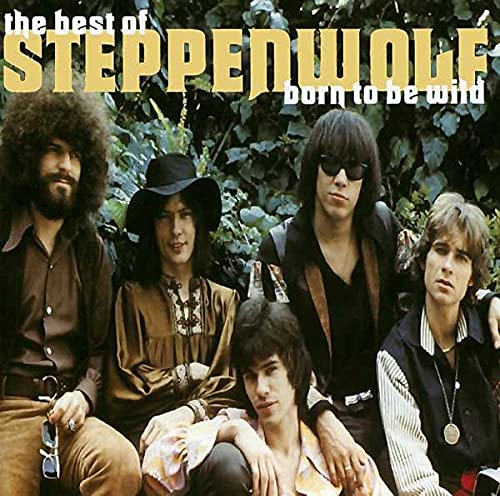 The band Steppenwolf poses in front of foliage on this music album cover.