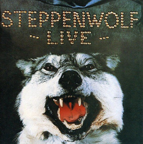 "CD cover with a snarling wolf's head and 'Steppenwolf Live' in gold lettering."