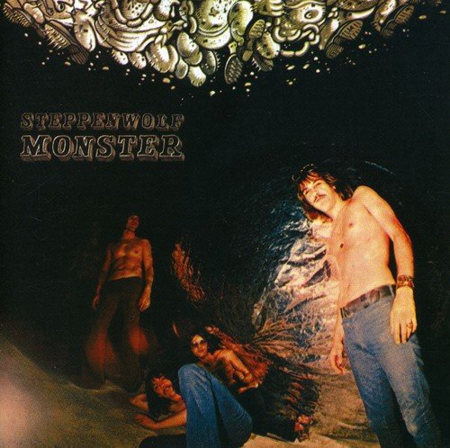 "Album cover art for 'Steppenwolf - Monster' featuring surreal, psychedelic illustration of people."