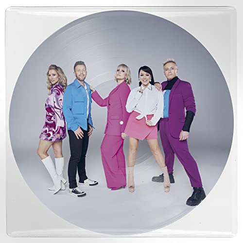 Steps band members pictured on a clear vinyl record disc.