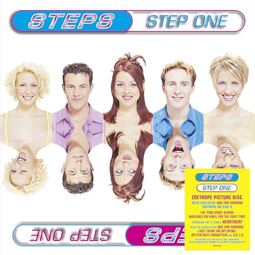 Album cover for Steps’ “Step One” featuring five band members and a sticker.