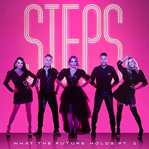 Steps band members posing against a bright pink neon background.