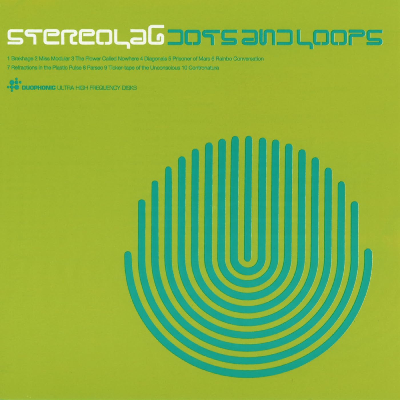 Stereolab album cover, “Dots and Loops”, featuring green and blue concentric arcs.