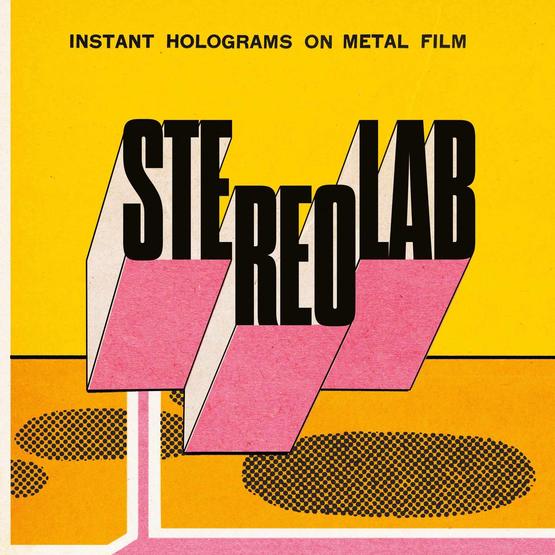 Stereolab album cover: yellow background, bold black text, pink geometric shapes.