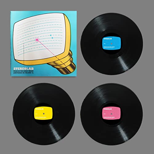 Stereolab vinyl record with illustrated cover and three black discs.