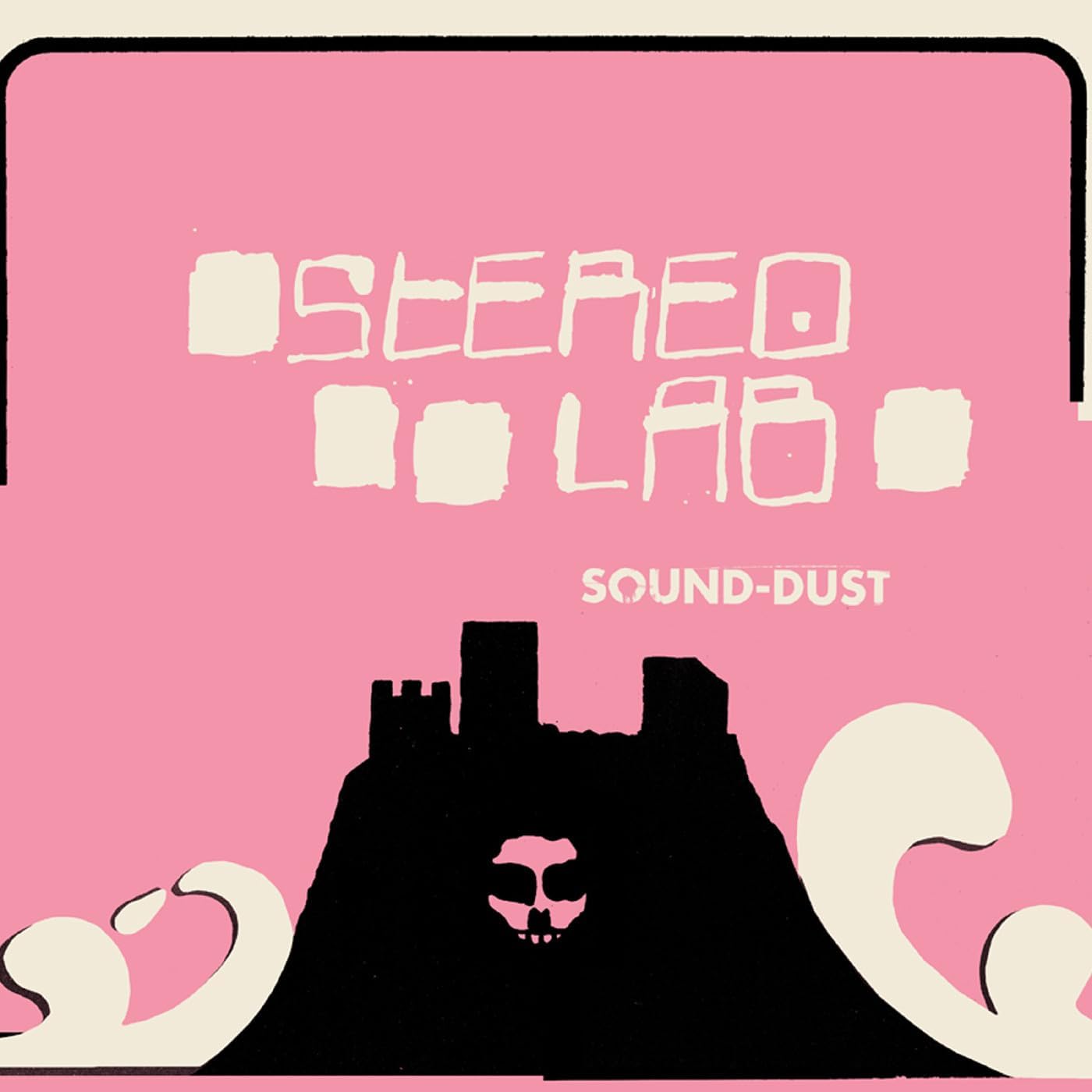 Album cover with pink background, black castle silhouette, and white Stereolab Sound-dust text.