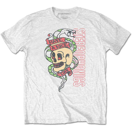 White t-shirt with a skull, snake, and band name “Stereophonics” design.