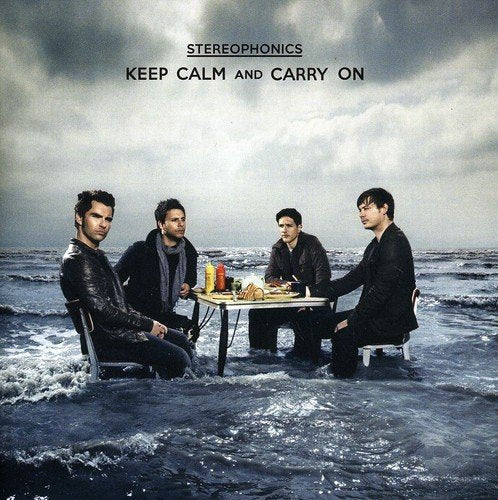 "Stereophonics album cover: four men sitting at a table in the ocean."