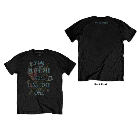 Black t-shirt with floral graphic and “You Made Me” text.