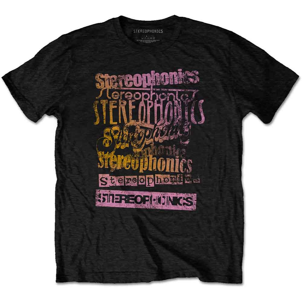 Black t-shirt with repeated, distressed “Stereophonics” logos in pink and purple.